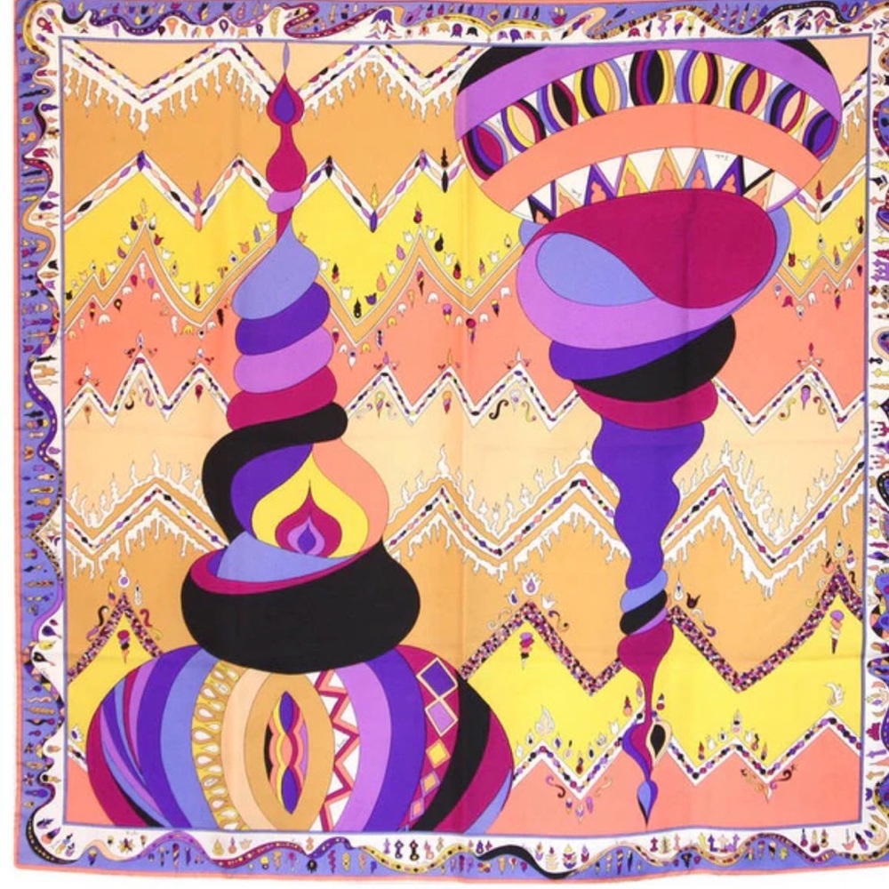 Emilio Pucci Multicolor Abstract Silk Scarf in Yellow, Purple & Pink 1960s